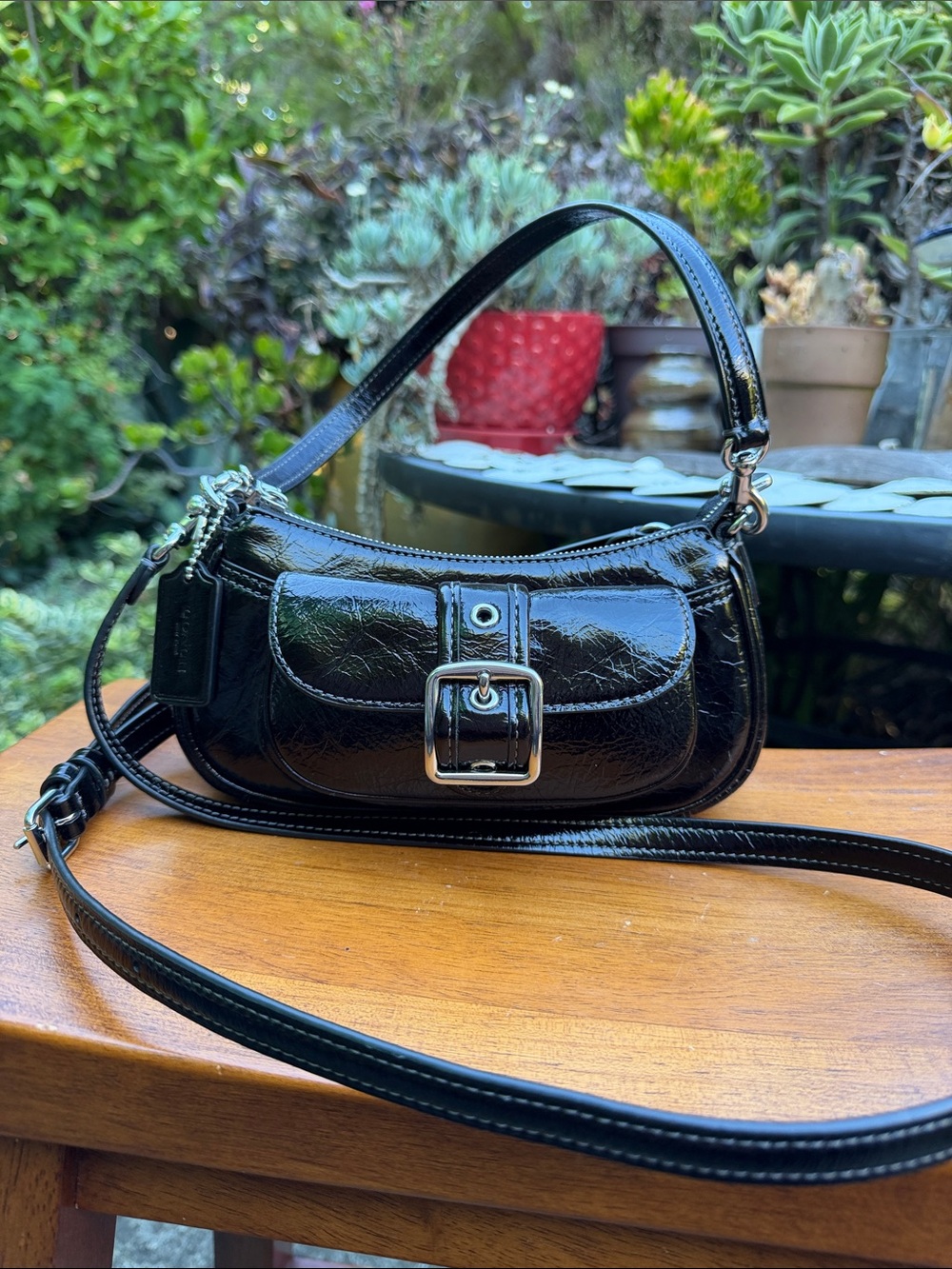 Coach Black Patent Mini Shoulder Bag with Front Buckle
